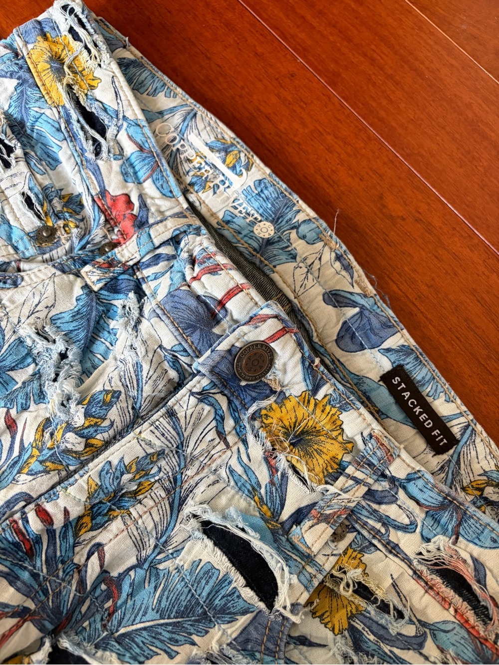 Floral Distressed Blue Men's Jeans - Picture 2 of 4